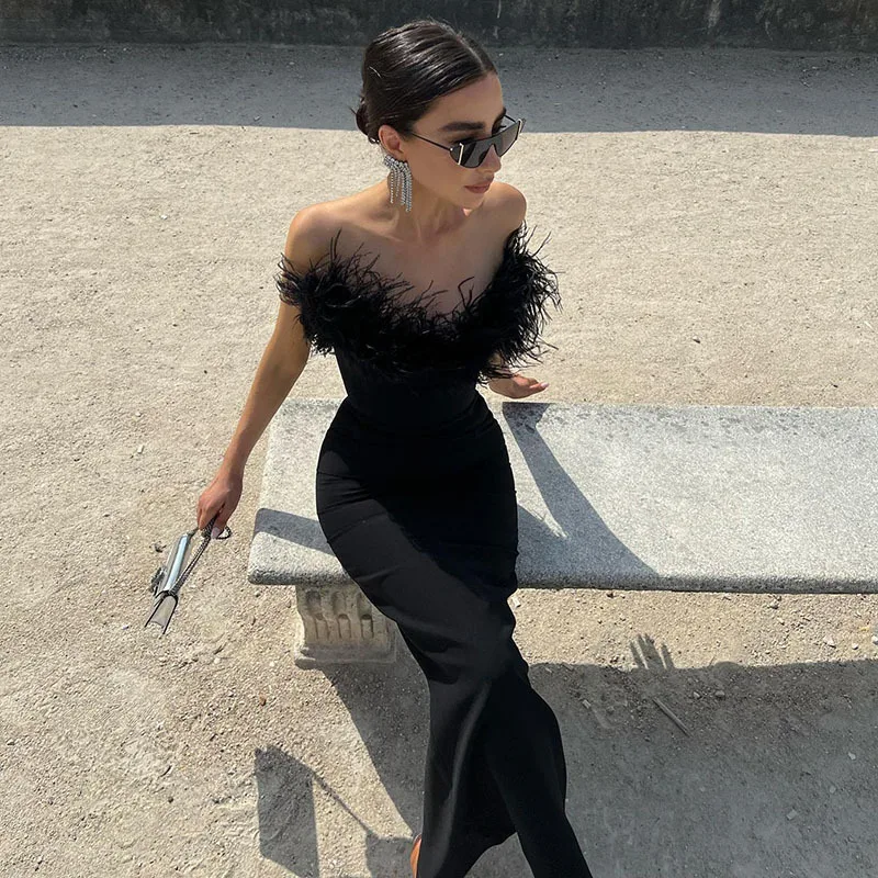 

V Neck Feather Strapless Mermaid Maxi Dress Elegant 2023 Summer Women Soild Sleeveless Slim Vestidos Prom Party Evening Robe