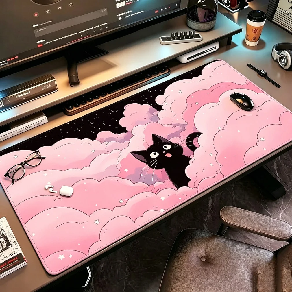 Black Cat Clouds Fast Delivery Keyboard pad Lock-edge Non-Slip Mousepad Kawaii Pink Purple Office Desktop Protection Pad XXL Rug