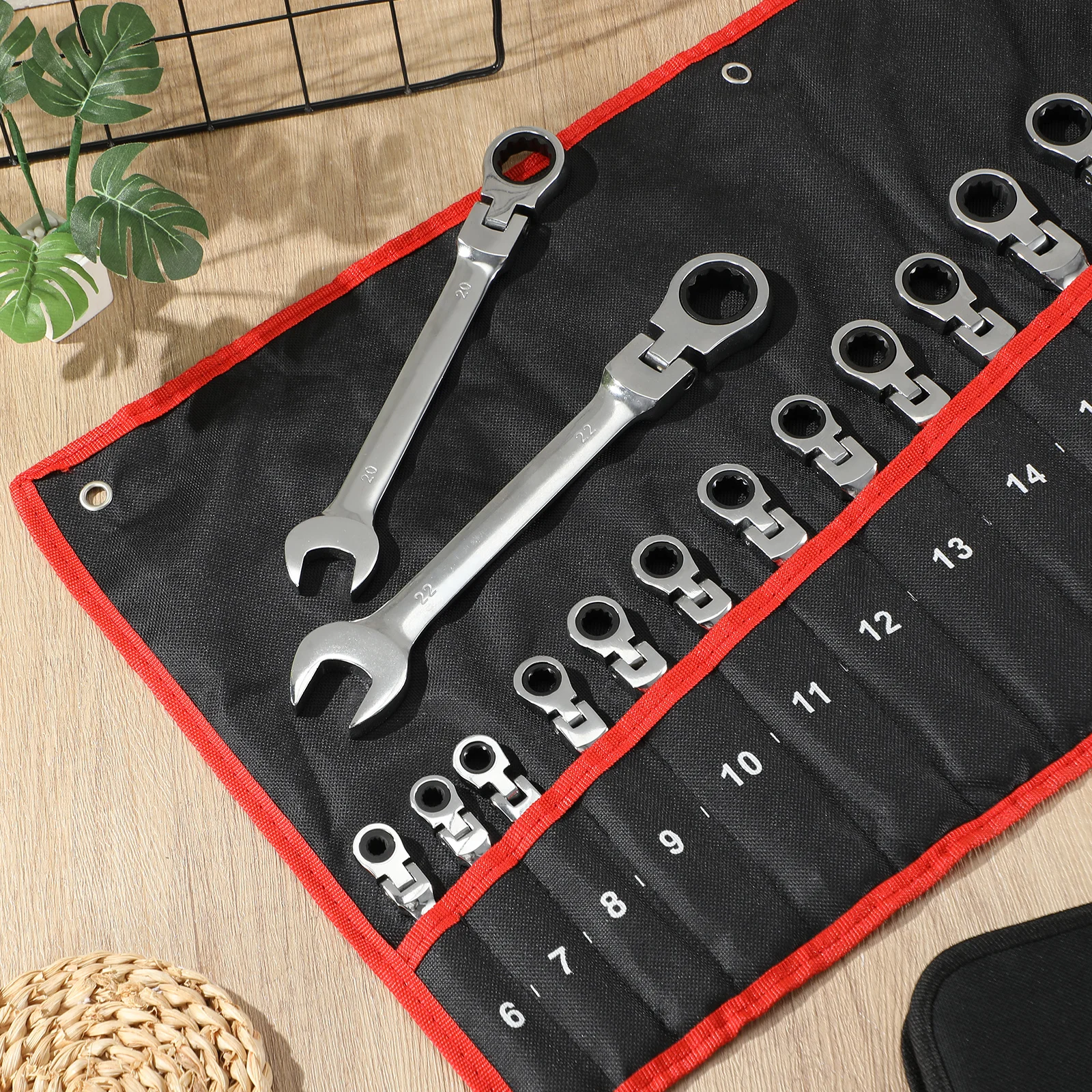 16PCS Ratcheting Wrench Set, Metric 6-22MM Combination Spanner, Dual End Gear Wrenches with Roll Bag, Hand Tools for Automotive Motorcycle Repair