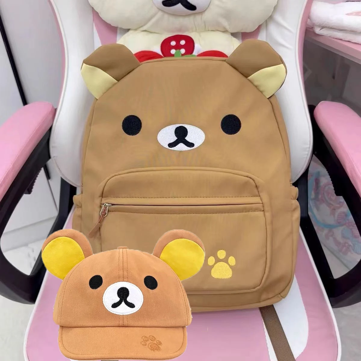 Cartoon Rilakkumas Backpack With Peaked Cap Set Korilakkuma Embroidery Canvas Women Backbag Hat Large Capacity Kids School Bag