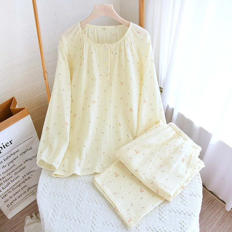 Ladies' Pure Cotton Yarn Autumn Long-sleeved Pajamas, Women's Bubble Cotton Yarn Round Neck Polka Dot Small Fresh Loose Home Wea