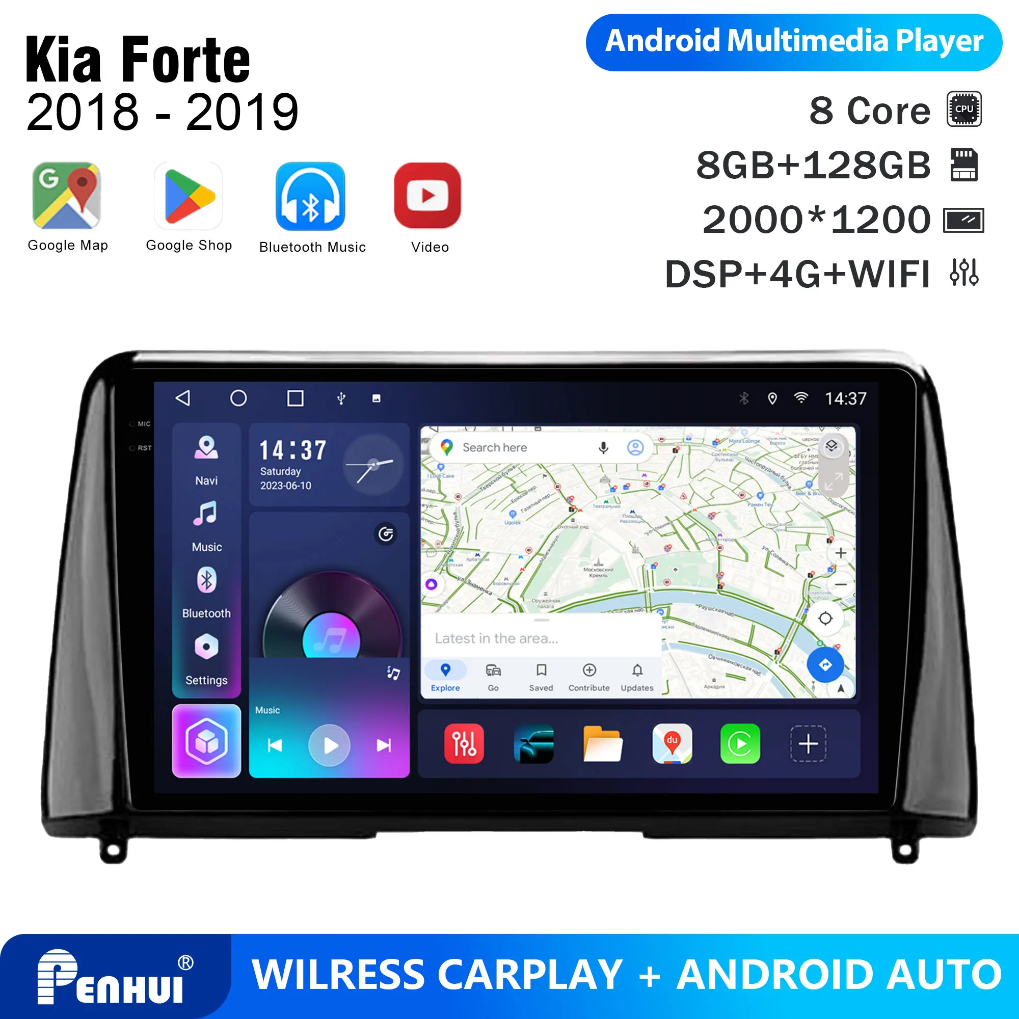 Penhui For Kia Forte 2018-2019 Android Car DVD Player 2Din 9'' Touchscreen DSP Bluetooth Video Multimedia System