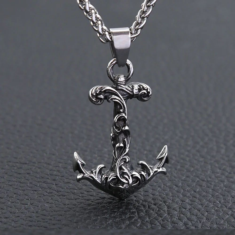 Punk Vintage Stainless Steel Anchor Pendant Necklace For Men Rudder Compass Pattern Pendant Biker Fashion Jewelry Gift Wholesale view 3