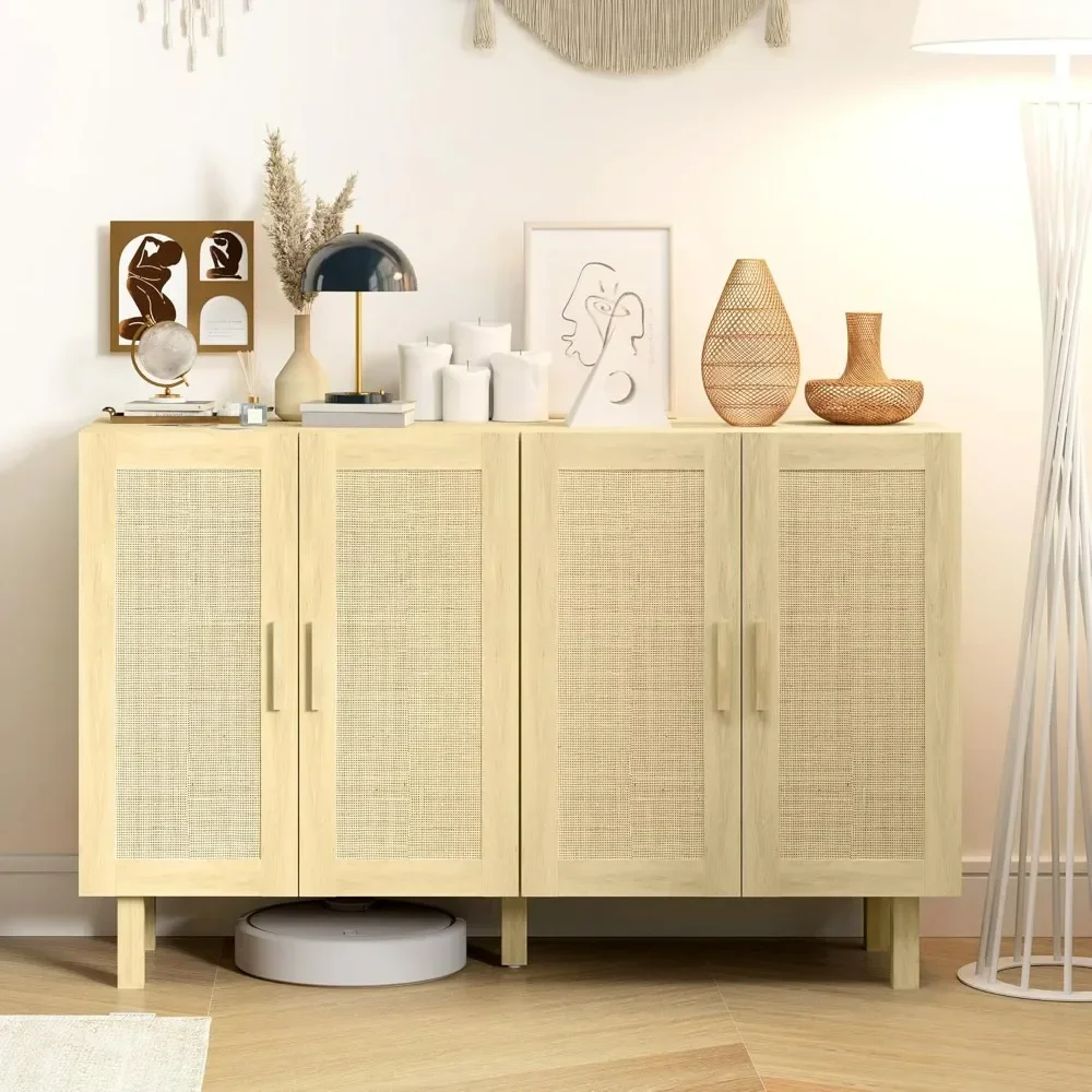 Sideboard Buffet Cabinet, Kitchen Cabinet, Coffee Bar Cabinet with 4 Rattan Doors and Adjustable Shelves, Natural