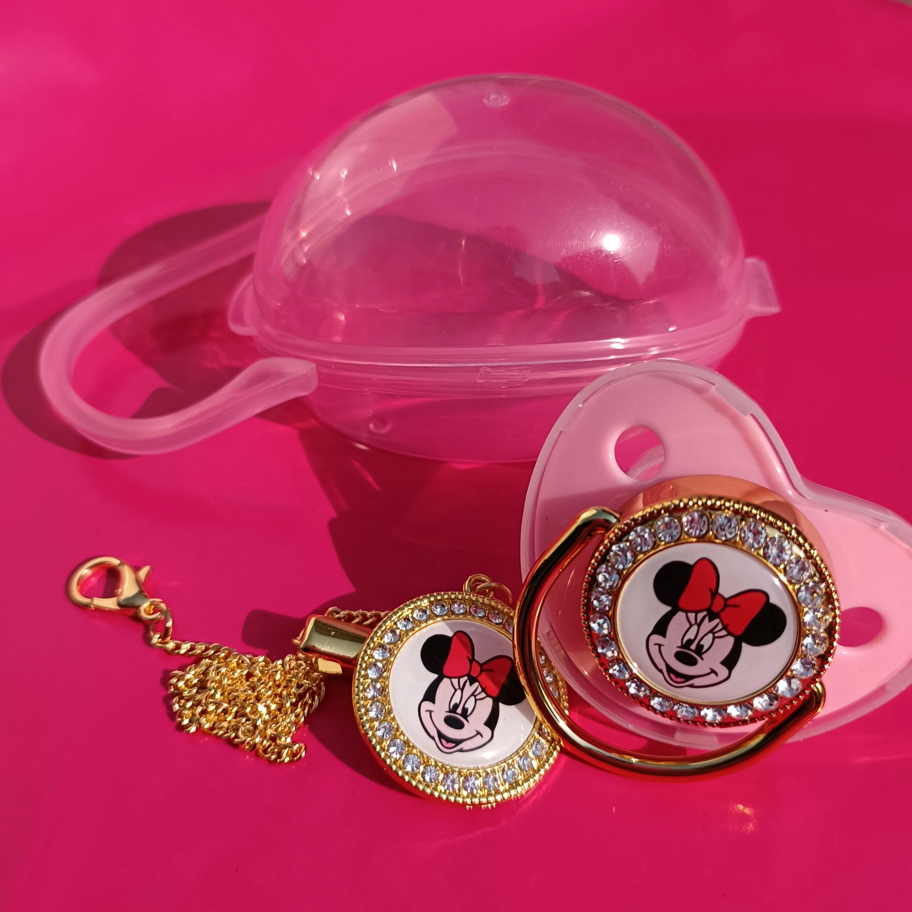 [ 1Set ] Ddlg Pink Rhinestone Baby Pacifier and Pacifier Clips Minnie Mouse Simba Stitch Adult Kids Newborn Babies Bling Dummy