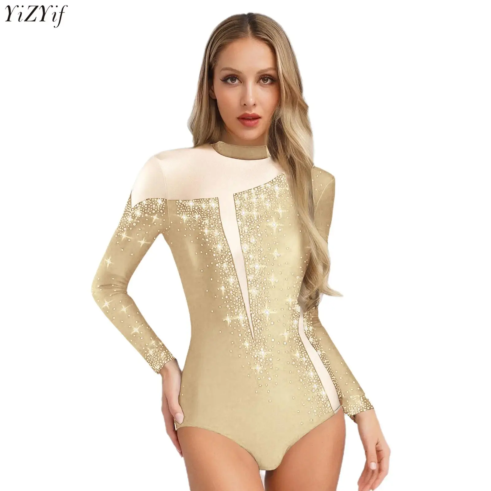 

Womens Gymnastics Leotard Long Sleeve Mesh Patchwork Shiny Rhinestones Bodysuit for Figure Skating Dance Competition Performance