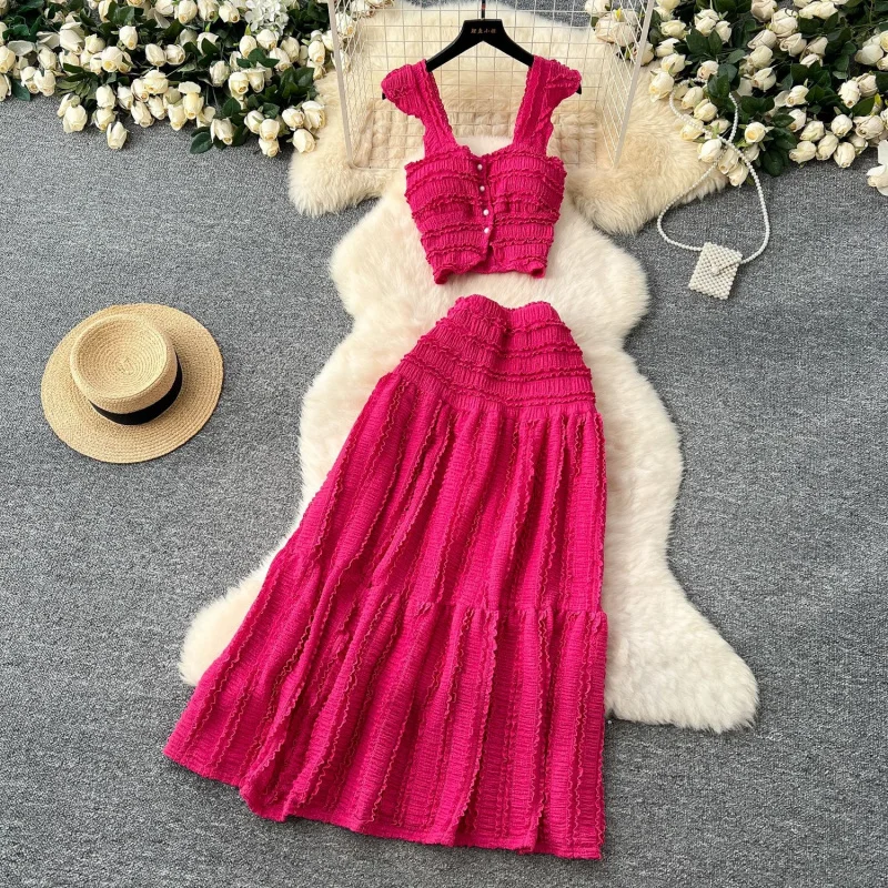 spring-summer vacation style short top with small flutter sleeves and straps+High-waisted pleated skirt two-piece set