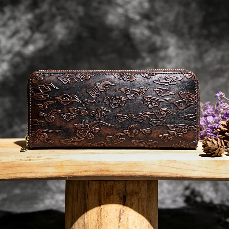 3D Embossed Horse Genuine Leather Purse  Long Retro Cow leather Wallet Brown Multifunctional Zipper Clutch Unique Gift for Men