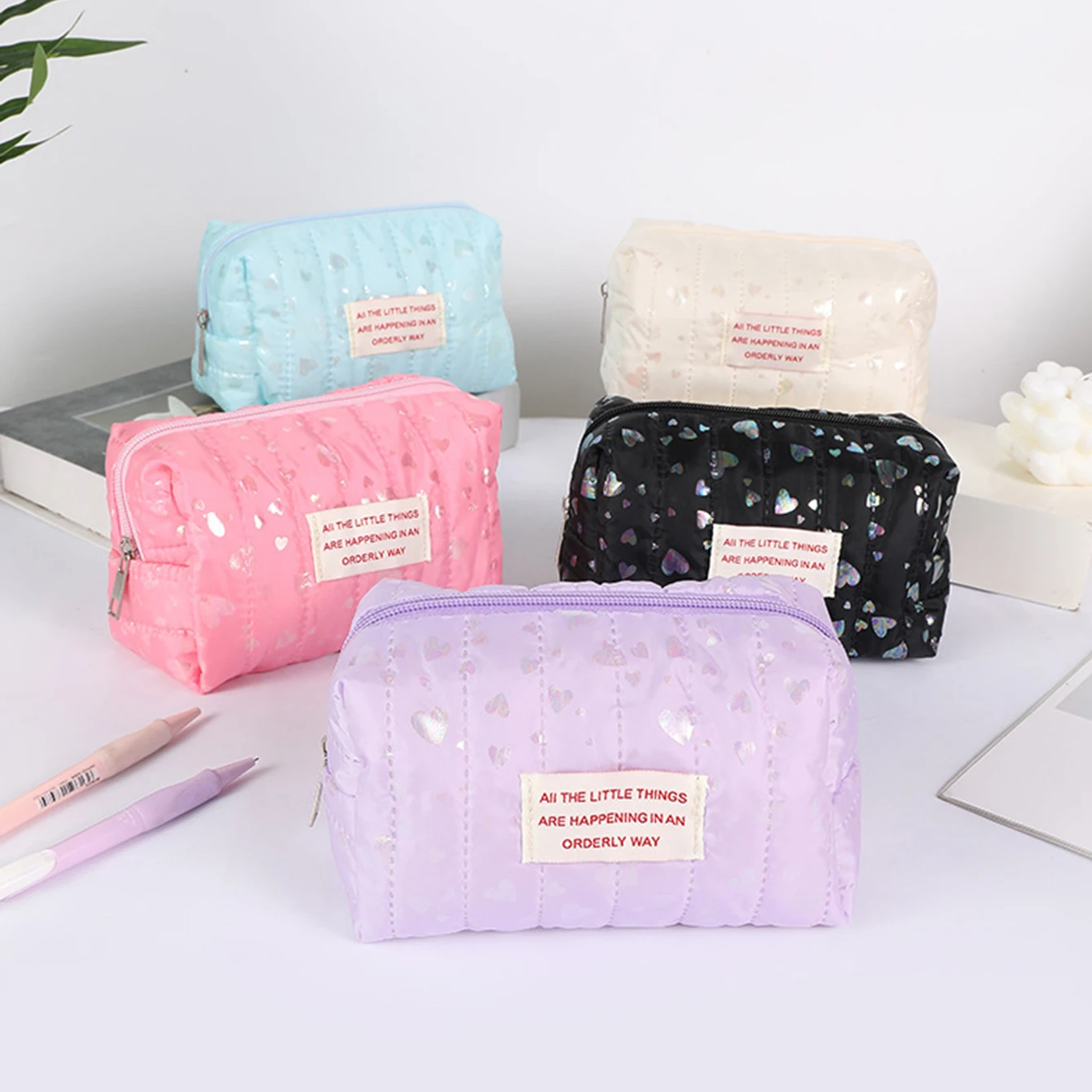 Gradient heart print pencil case,desktop stationery pencil storage bag,fresh polka dot embossed stitching,Valentine's Day gift