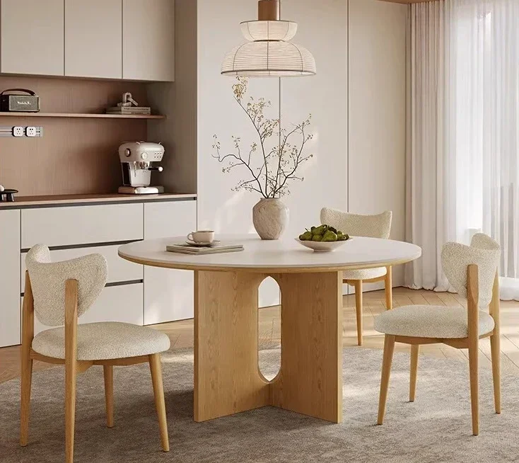 Round solid wood dining table household log white slate