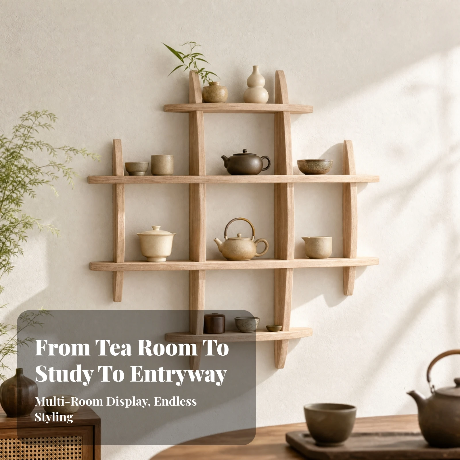 Wooden Wall Display Shelf Modern Tiered Grid Wall Rack Rustic Minimalist for Living Room, Reading Area