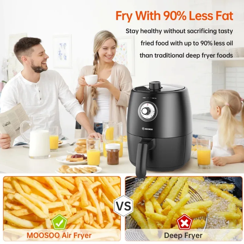 Moosoo Pequeno Compact Mini Air Fryer, 2Qt Capacidade, Controle De Temp Ajustável