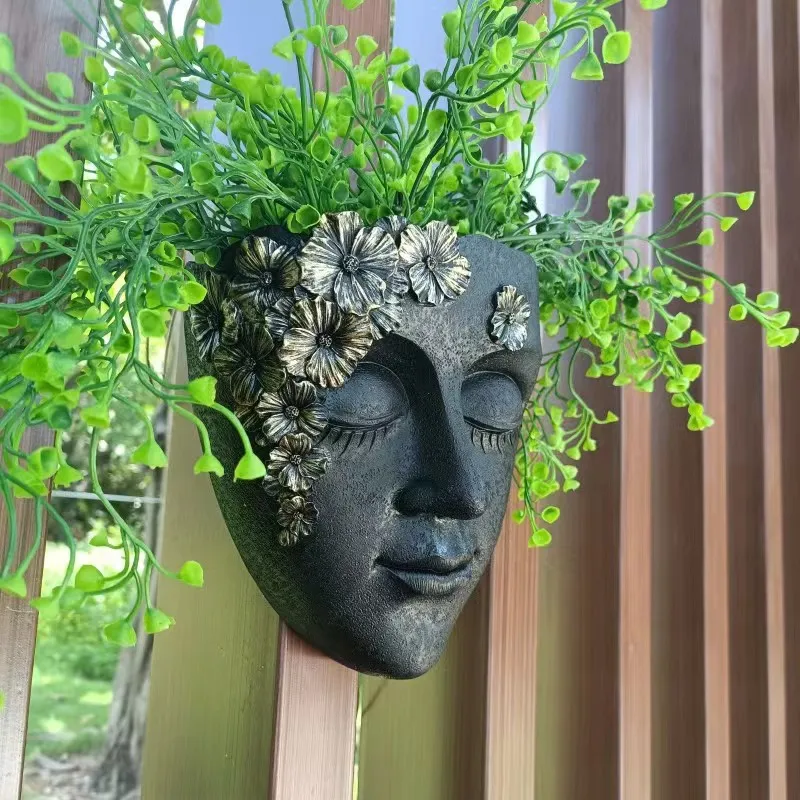 New Resin Wall Mounted Face Flower Pot Weatherproof Outdoor Garden Patio Decor Hanging Planter Sculpture Art Ornament Gift