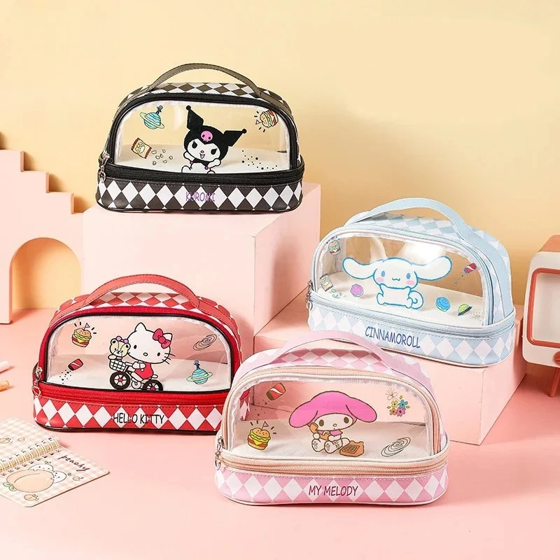 

Transparent Double-layer Pencil Case Kuromi My Melody Large Capacity Student Stationery Bag Hand-held Cartoon Gift Girl