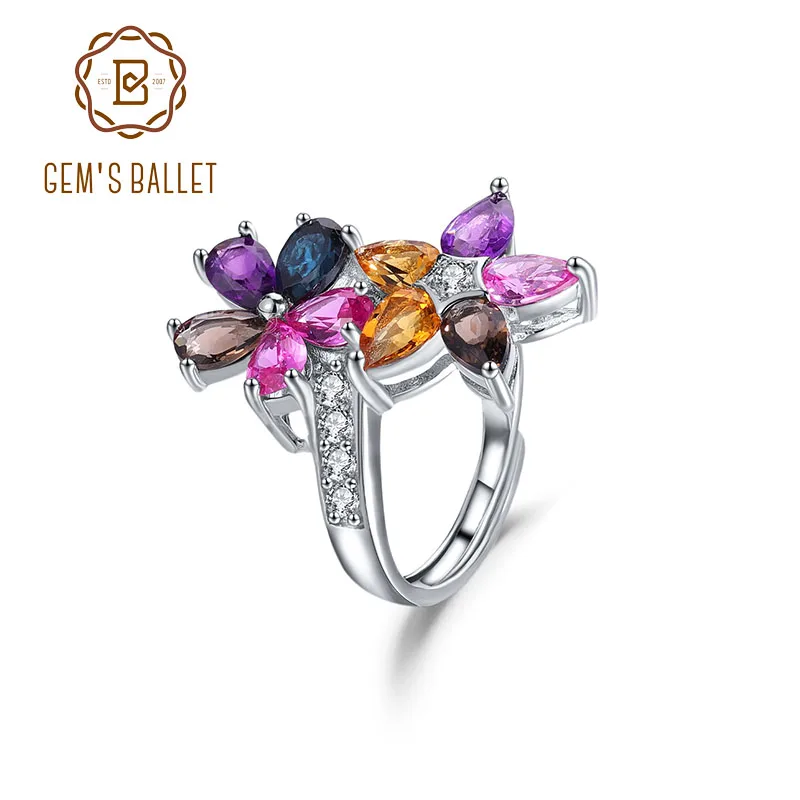 GEM'S BALLET Leaf Shaped Ring Handcrafted Multi-Cutting Captivating Color Birthstone Rings in 925 Sterling Silver Gift For Her