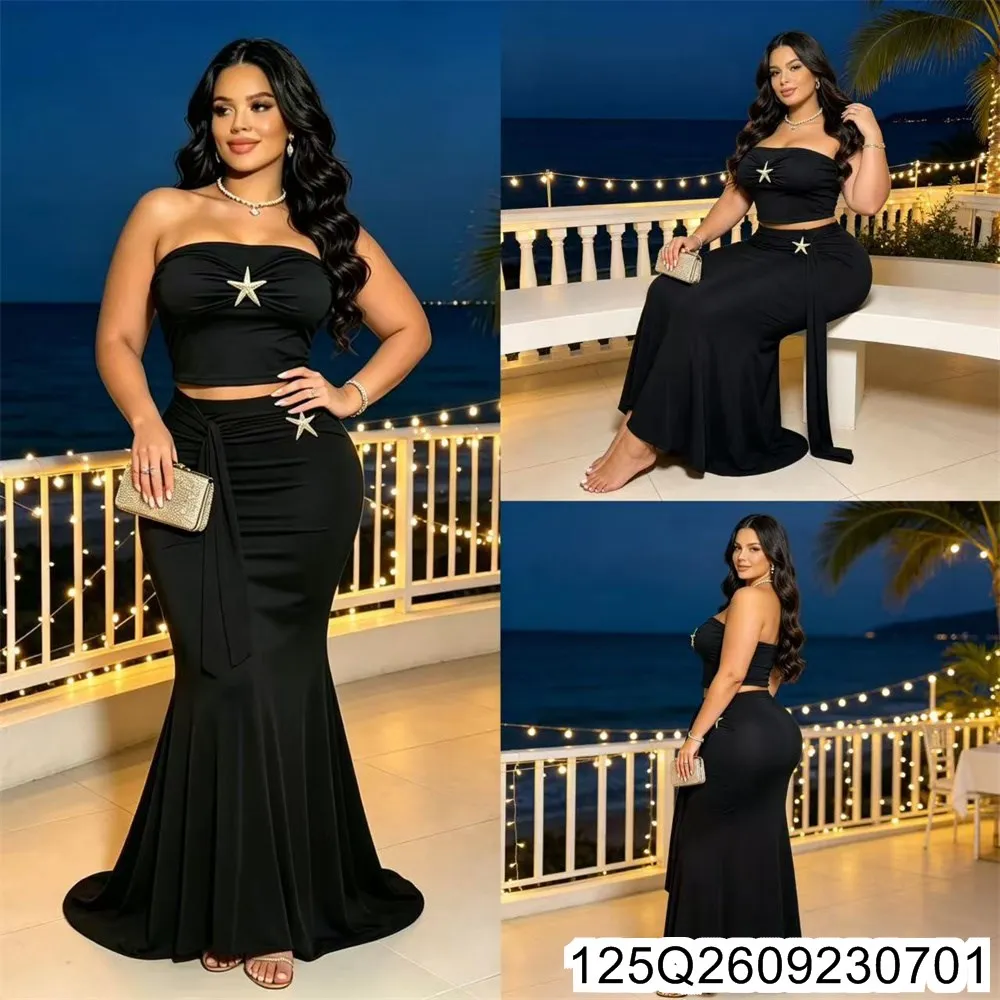 Plus-size Women's Dress Black Strapless Starfish Beaded Two-piece Set Slimming Fishtail Long Dress Evening Dress 125Q26092307