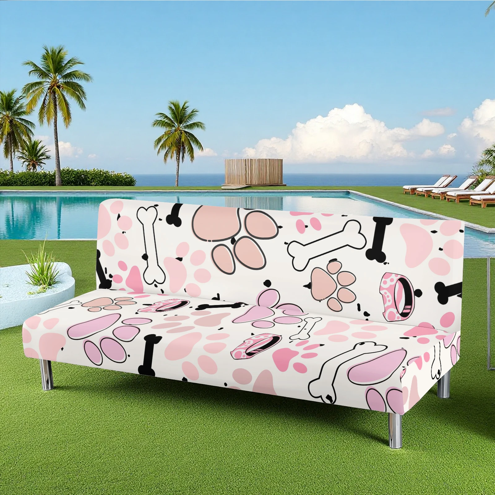 Cute Pet Paw & Bone Printed Summer Outdoor Sofa Bed Cover, Elastic Milk Silk Slipcover, Pet - Friendly, W