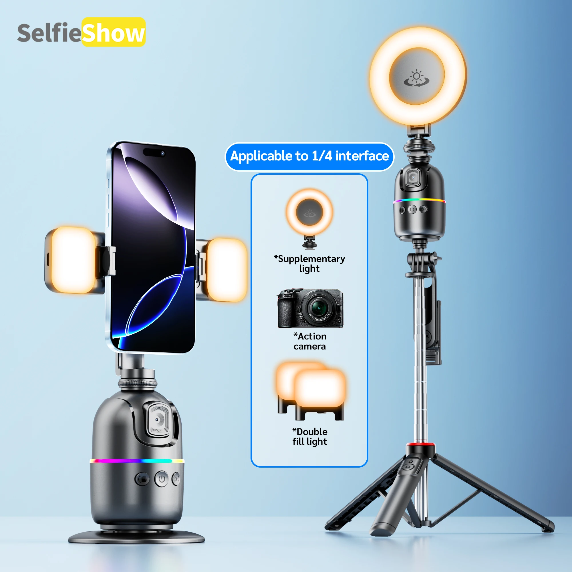 

Selfieshow P03 Stabilizer 360°Auto Face Tracking AI Gimbal All-in-one Desktop Phone Holder Tripod For Smartphone Video Vlog Live