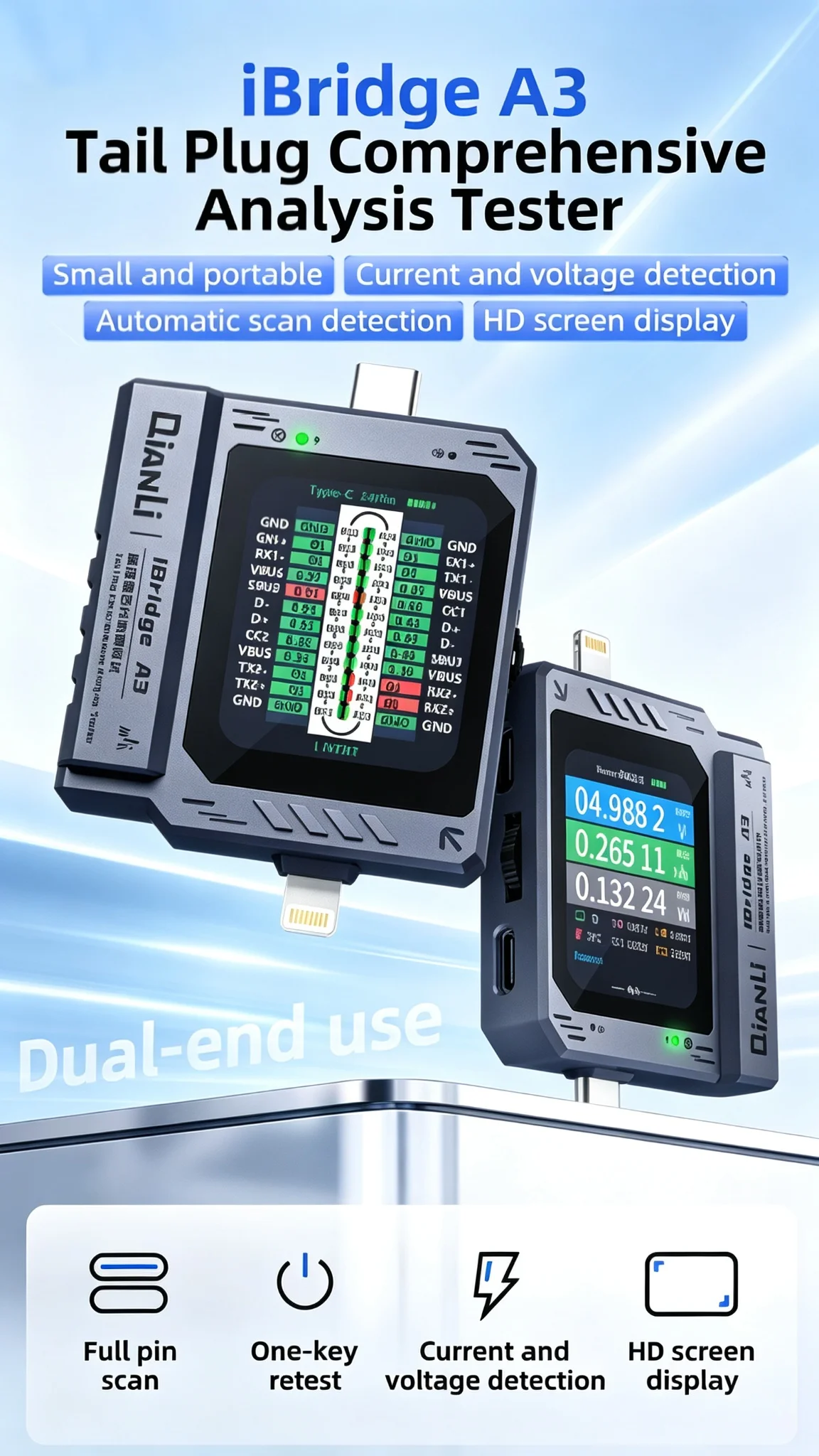 Qianli iBridge A3 Tail Plug Detector Auto-Lock Charging Faults One-Step Retest Comprehensive Analysis Tester Lightning & Type-C