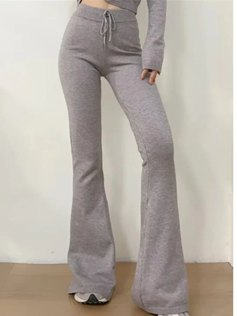 Autumn/winter Pure Desire Sexy High Waisted Knitted Micro Flared Pants Women Solid Color Slim Side Slit Casual Pants AYLX