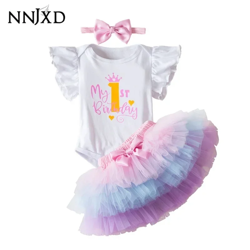 My 1st Birthday Print Baby Romper Infant Bodysuit Newborn Short Princess Sleeve Jumpsuit Baby Girl Birthday Party Outfit Clothes