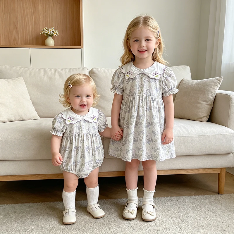 2026 Summer 0-24M Baby Girl Embroidery Collar Bodysuit 2-6Yrs Kid Sweet Party Puff Short Sleeves Dress Sister Dress