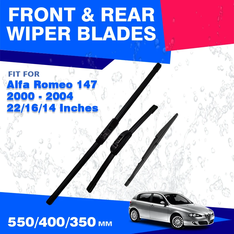 

For Alfa Romeo147 1st 2000 - 2004 Car Front Rear Wiper Blades Windscreen Windshield Window 22"+16"+14" Washer Fit Side Pin Arm