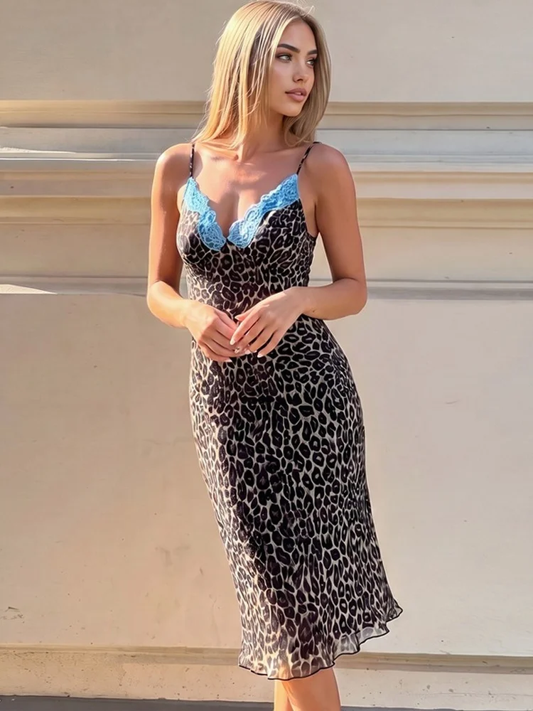 Tossy Leopard Print Slip Dress Sleeveless Spaghetti Strap Lace V Neck Bodycon Slim Fit Party Night Out Cocktail Clubwear Dress