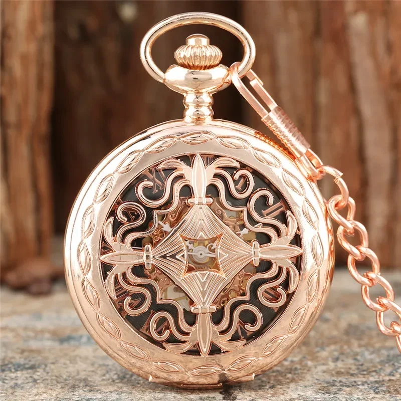 

Retro Rose Gold Hollow Out Case Men Women Hand-winding Mechanical Pocket Watch Roman Numberal Skeleton Clock Pendant Chain Gift
