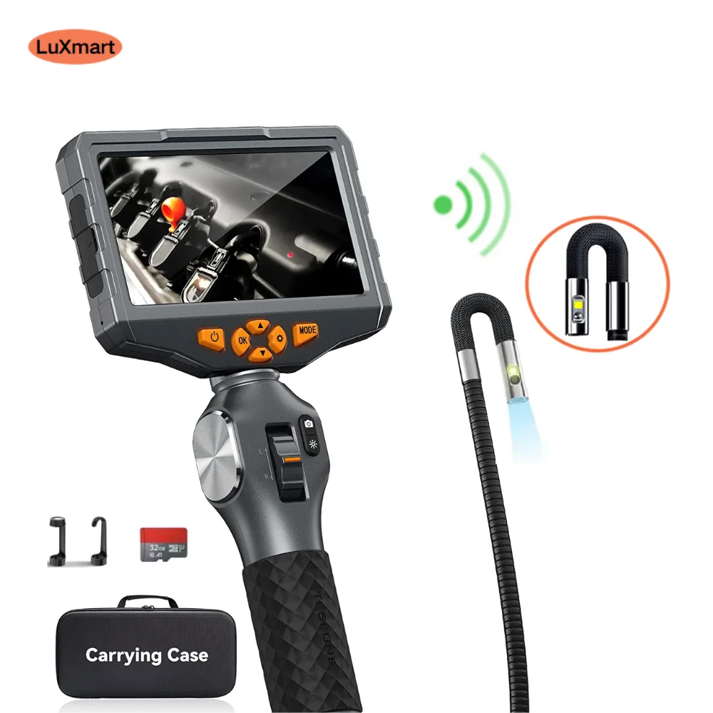 Two-Way Articulating Borescope with 5-inch IPS Screen 6.5MM Dual Lens Endoscope Inspection Camera for Automotive Fiber Optic