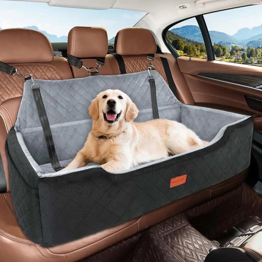 Under 100 lbs Large Dog Car Seat, Washable Bed for 2 Medium Dogs, Detachable Pet Seat with Storage and Seat Belt, Back Seat Dog