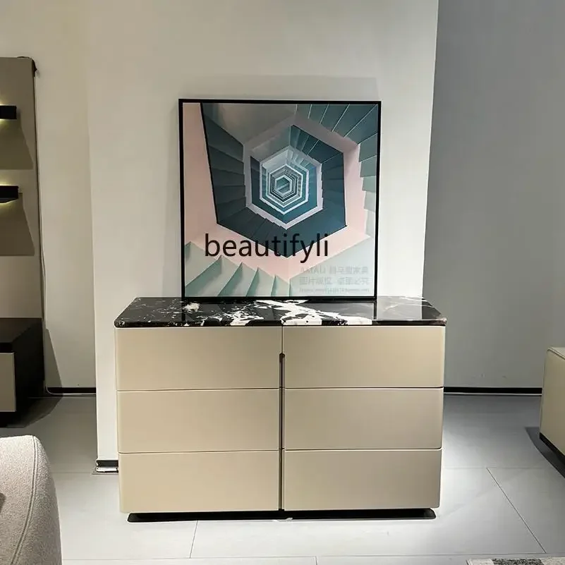 

55Black marble luxury stone surface lacquered dining cabinet storage six chest cabinet Italian minimalist porch cabinet