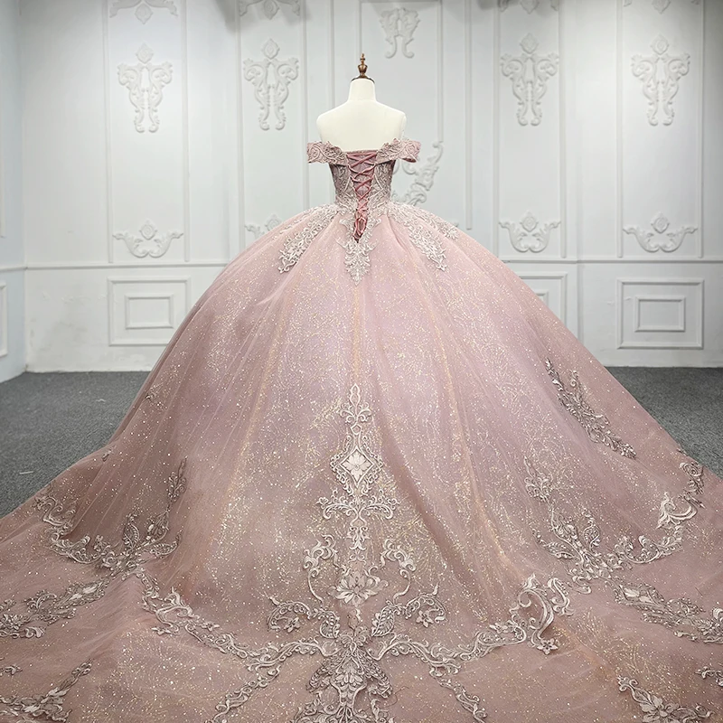 Jancember Luxury Pink Quinceanera Dress Sweetheart Cap sleeve Pattern Sequins Lace Up Romantic Ball Gown vestidos de noite