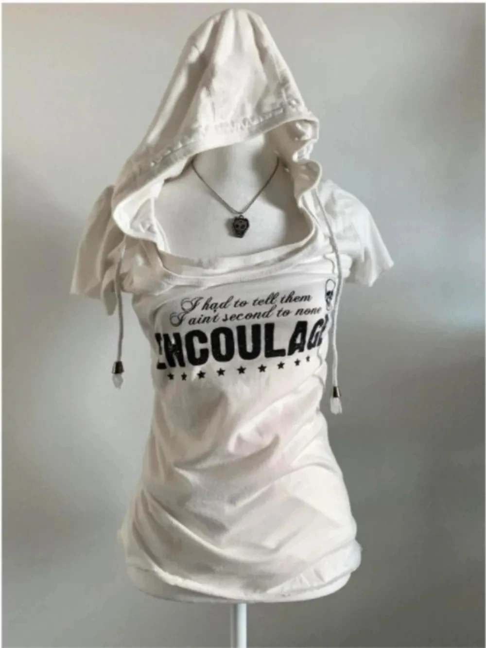 

2025 New Hooded Half Sleeve T-shirt Slim Print Solid Y2K All-match Top Femme American Style Fake Two Pieces Mujer