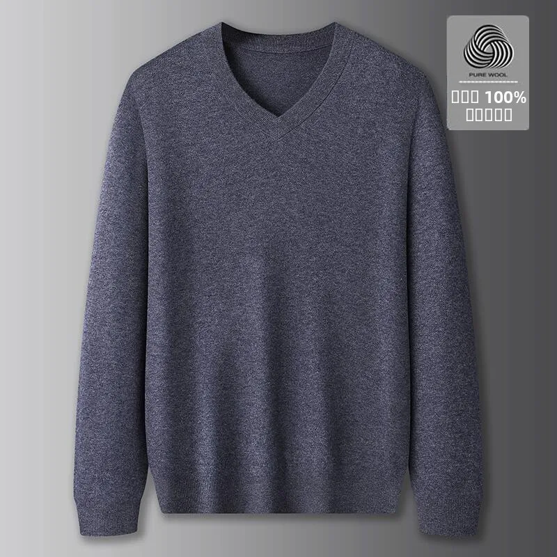 

Мужской свитер больших размеров из 100% шерсти с V-образным вырезом, осенне-зимний, базовый слой, модный городской стиль, с длинным рукавом, круглый вырез
