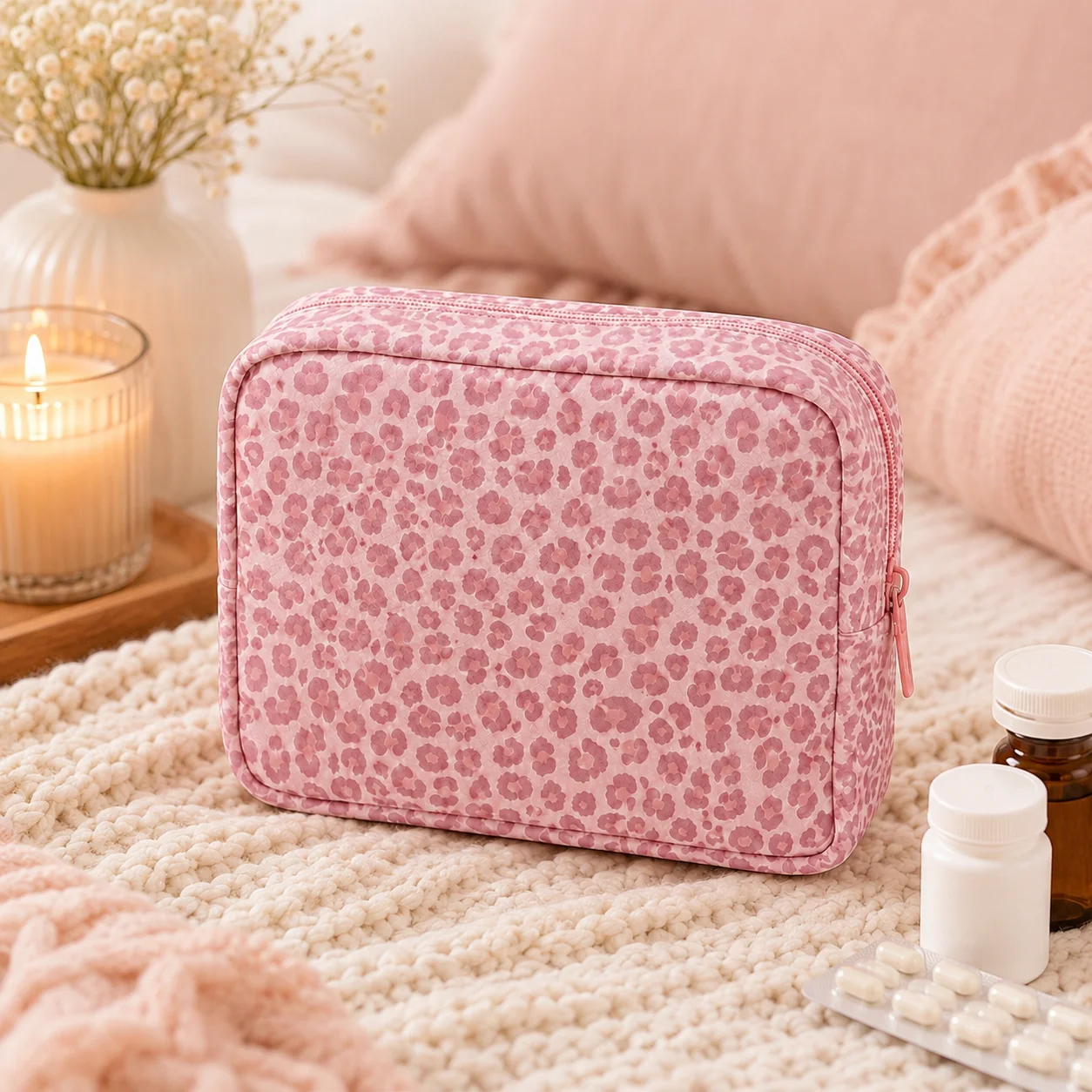 Medicine Bag Pink Leopard Portable Storage Pouch Large Capacity Organizer for Women Pills Cosmetics Travel Daily Essentials