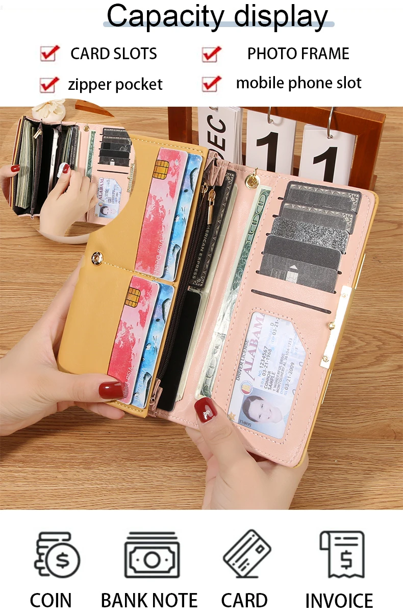 Damen Lange PU-Geldbörse 2-fach Faltbar Einfarbige Clutch mit Mehreren Kartenfächern Große Kapazität Reißverschluss-Geldbörse Koreanischer Stil Damen-Handgeldbörse – Detail 3