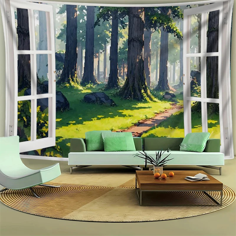 1PC Digital Print Tapestry Wall Hanging, Fake Window Frozen Lake Winter Forest Art, Nature Scenery 3D Window Wall Art Decor - view 3
