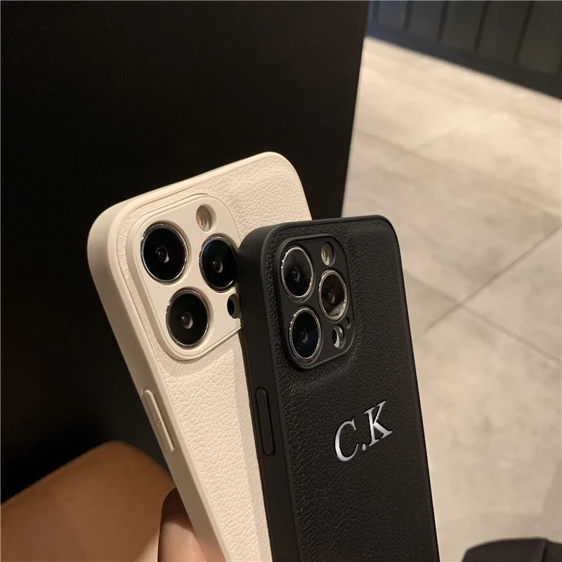 Luxury Leather Personalized Name Case For iPhone 16 15 14 13 12 11 Pro Max Customized Initials Letter DIY Cover 15 16 Pro Max