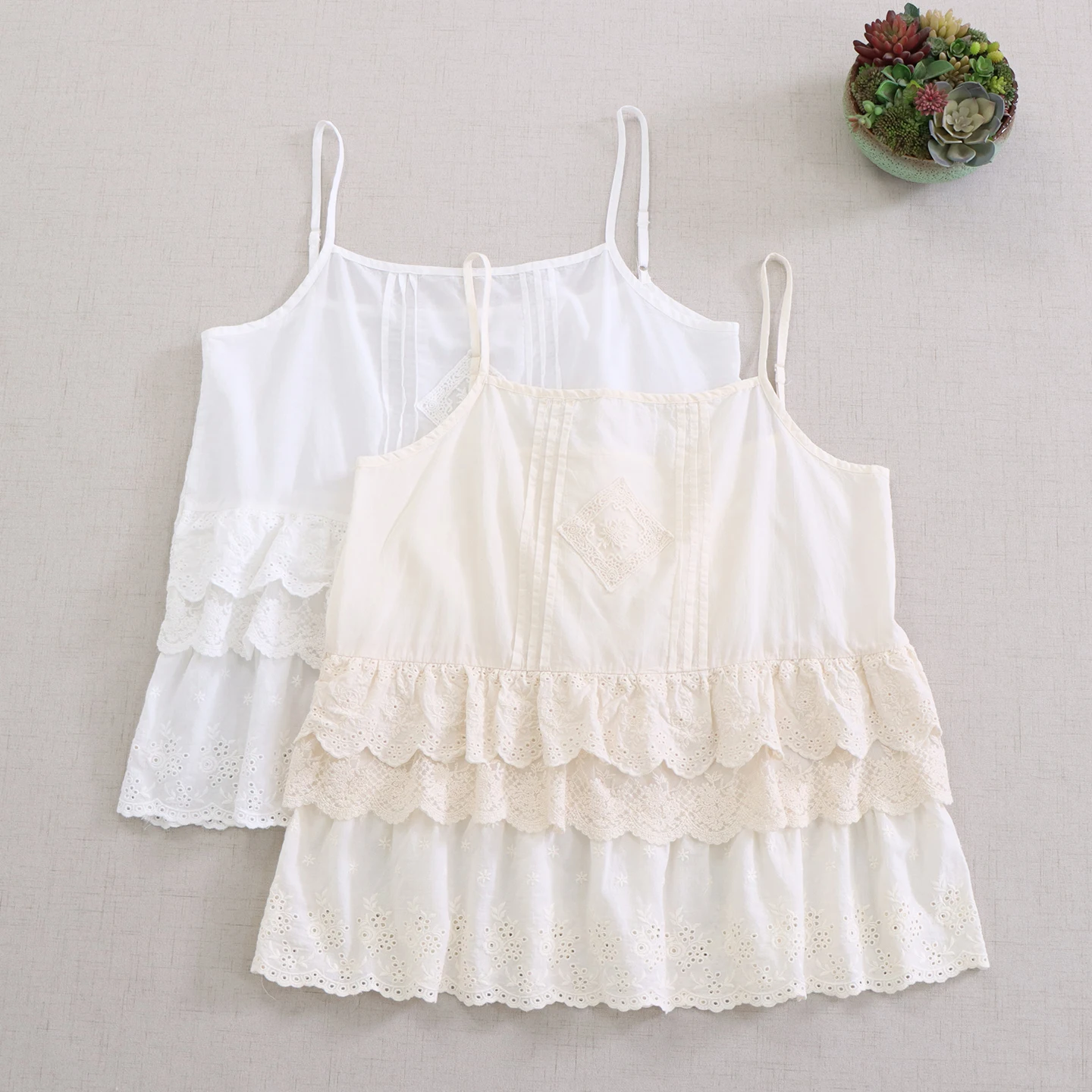 

Japanese Sweet Mori Girl Solid Color Lace Embroidery Cotton Camis Tops Women Summer Cute Casual Loose Cover Up Tank Tops