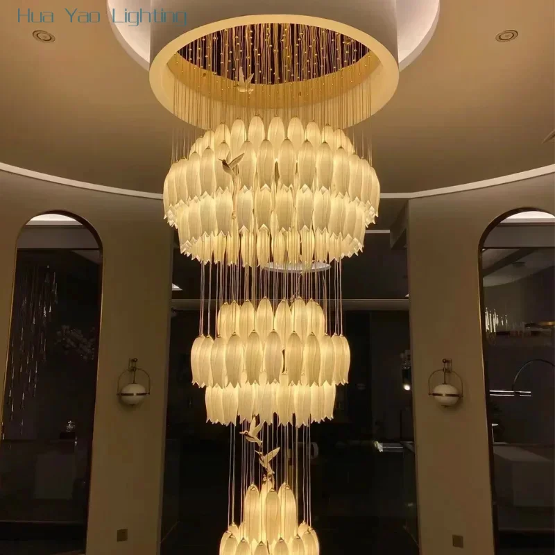 Luxury crystal staircase chandelier for stairsway loft ceramic flowers ceiling chandelier for High Ceiling villa hotel lobby