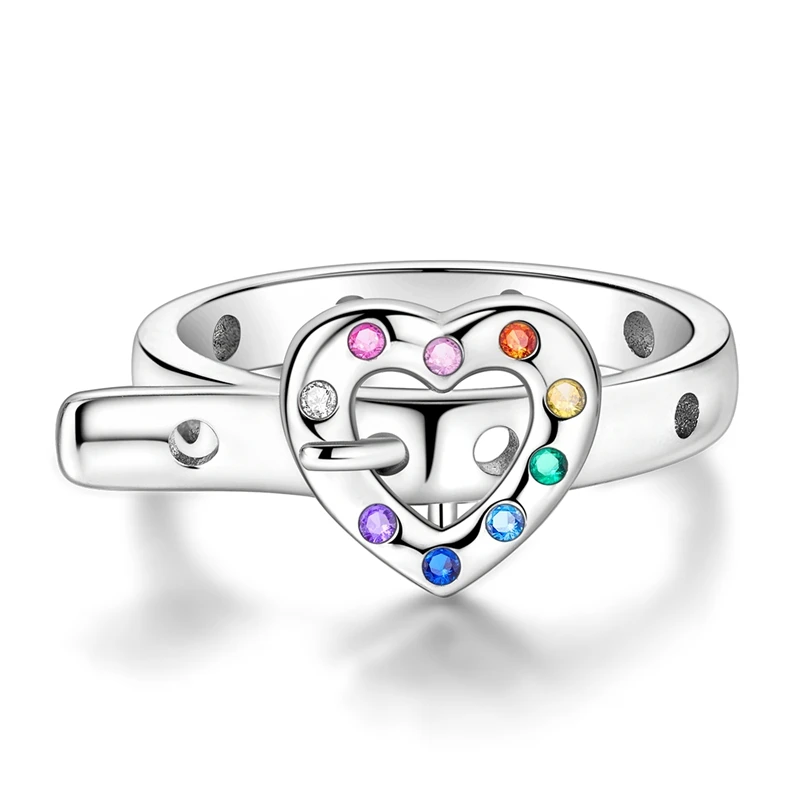 Original 925 Sterling Silver Colorful Heart Belt Ring For Women Girls Jewelry Birthday Anniversary Gifts