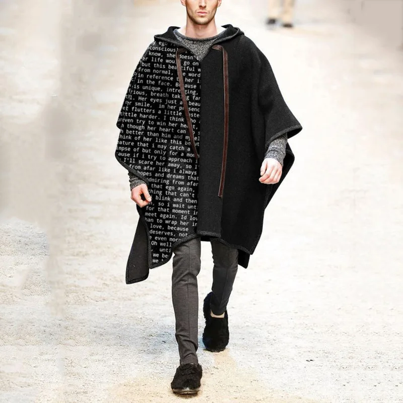 Volalo moda masculina casacos capa de lã com capuz jaquetas cor sólida streetwear outono inverno poncho casaco irregular