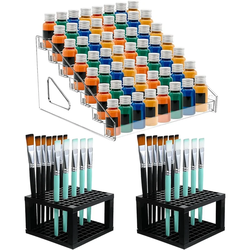 

MACH-For Model Painting Clear Paint Organizer With 2 Pcs Paint Brush Holders, 7 Rows Layer Acrylic Painting Storage For Nail-Pol