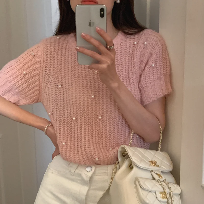 

Pullover Women Pearls Beading Short Sleeve Sweater Womens Thin Round Neck Knitted Pullover Summer Vintage Solid Crop Tops