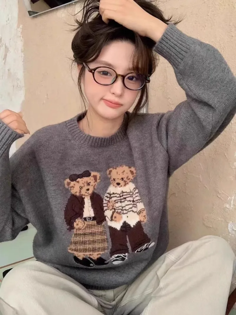 Retro Preppy Loose Winter Sweater Cute Cartoon Jacquard Sweater Gray Jumper Knitwear Korean Trendy Fashion Streetwear Women Tops