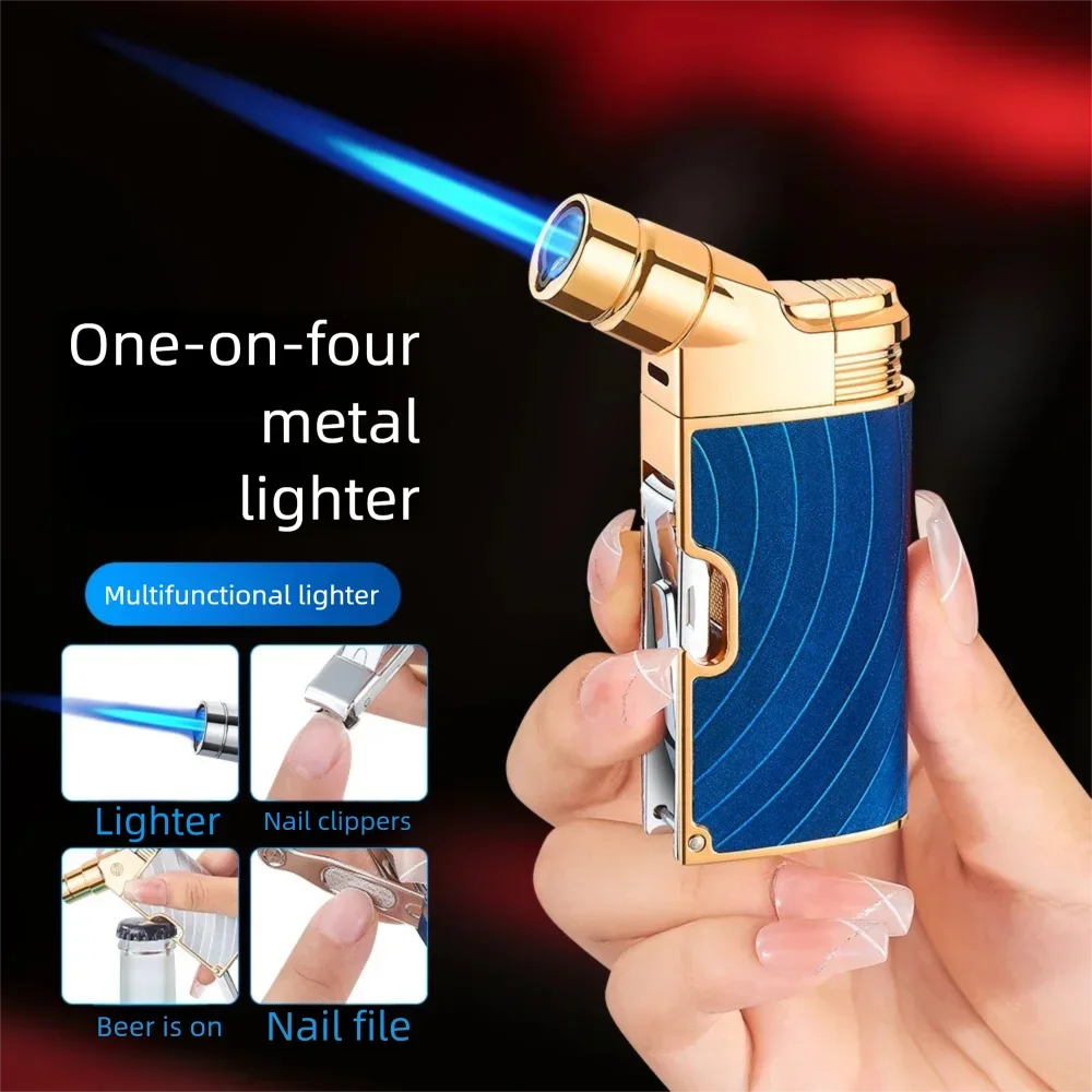 New Multifunctional Portable Nail Clipper Bottle Opener Lighter, Outdoor Windproof Blue Flame Metal Lighter, Household Igniter