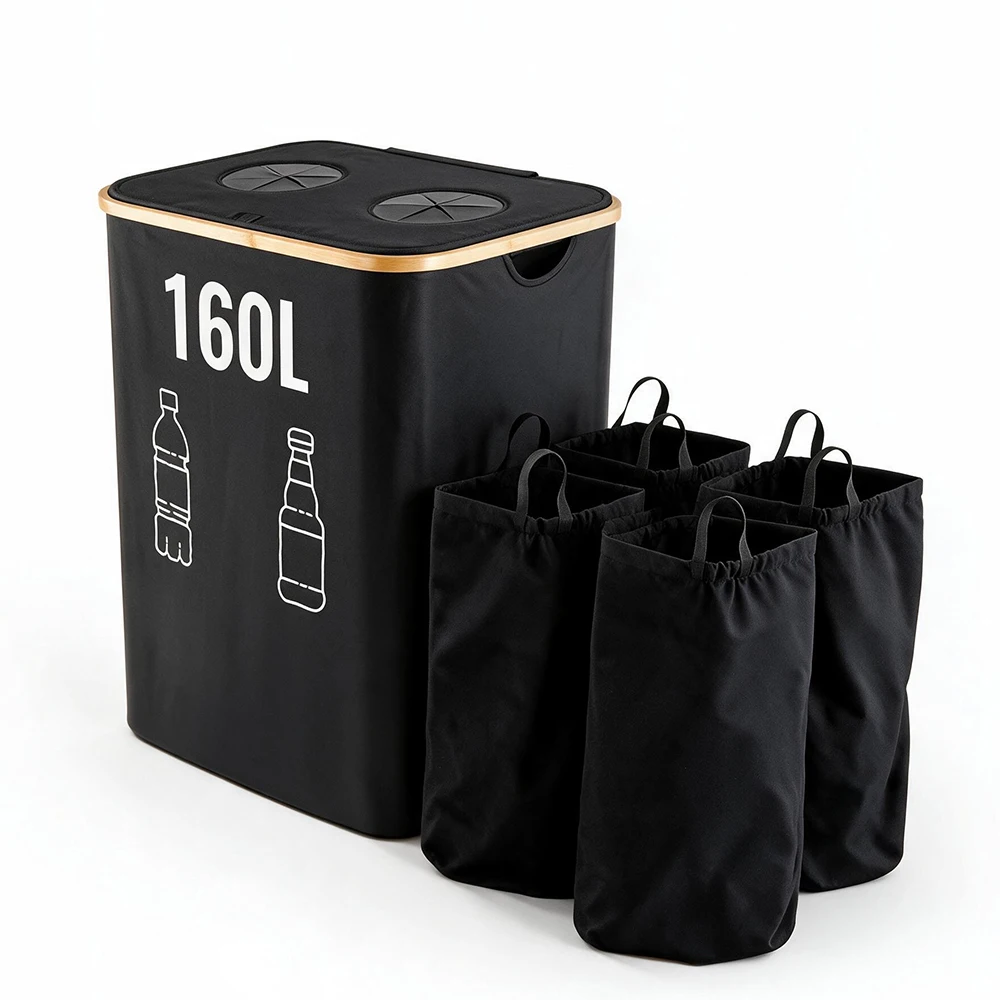 Kosz na butelki depozytowe 160L/105L, duża pojemność, organizer z uchwytami, wewnętrzne worki do prania, pojemnik na recykling szkła do kuchni, domu, garażu, spiżarni.