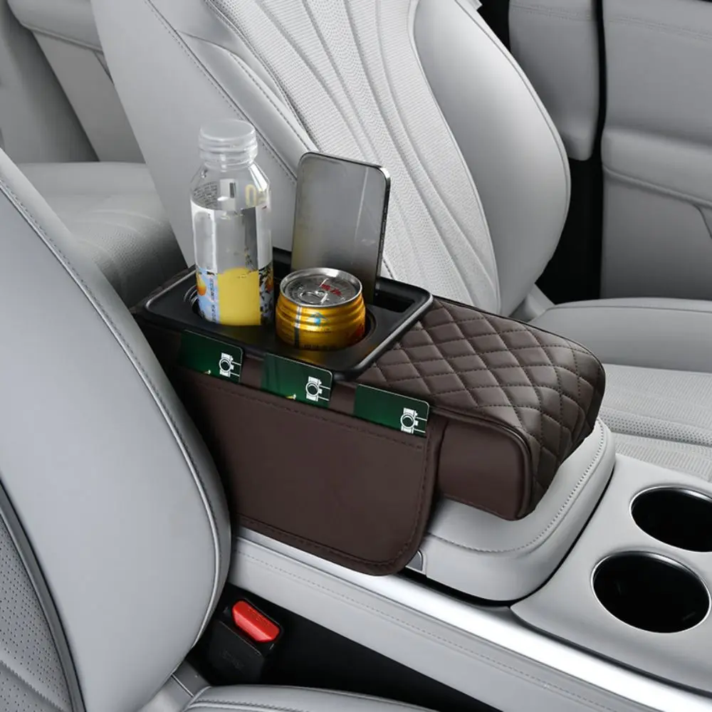 

Portable Center Console Armrest Cushion Multifunctional with Cup Holder Car Armrest Pillow PU Leather Height Increasing