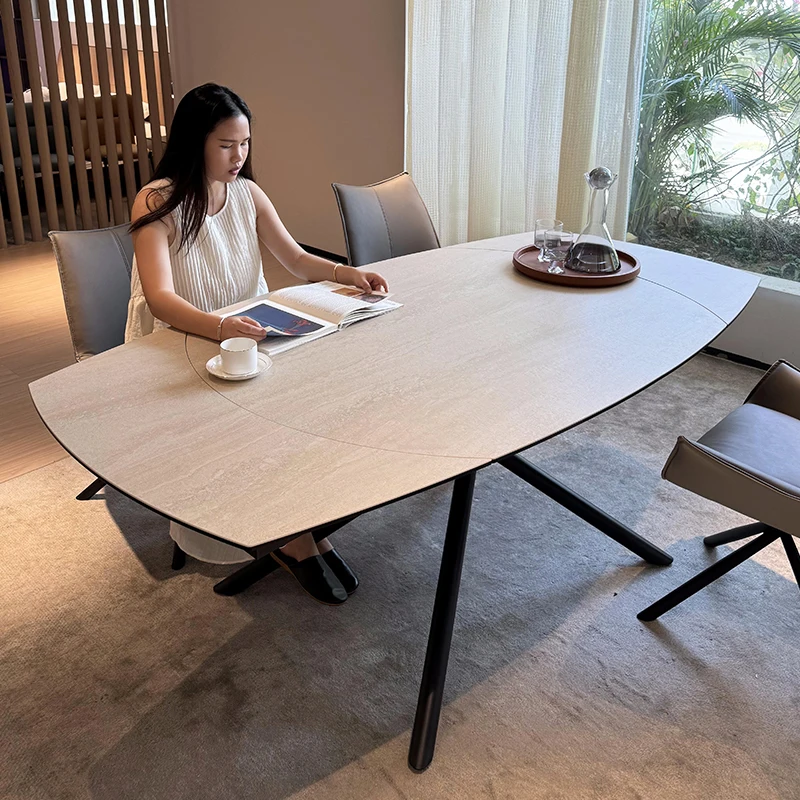 

Italian minimalist Italian imported Calais white cave rock slab dining table rotating retractable dining table and chairs